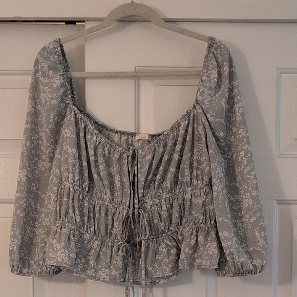 Blush Tops - Gray Smocked Blouse with Tie Front and Balloon Sleeves